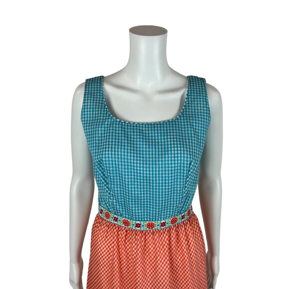 Vintage 60s Checkered Dress Women's XS Floral Trim Tiered Skirt Gingham Picnic - Picture 4 of 9